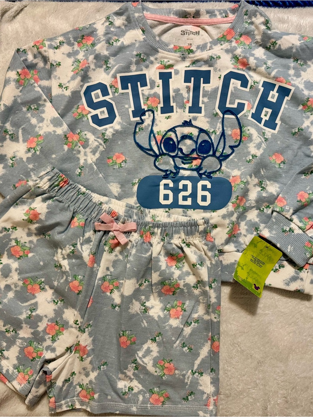 Stitch Floral Blue SweatShort Set Kids 7/8